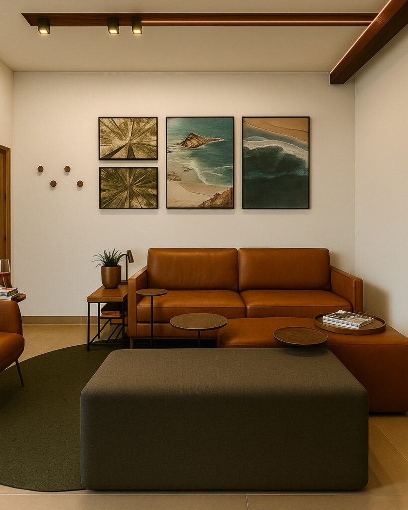 Sala com sofá marrom e quadros na parede
