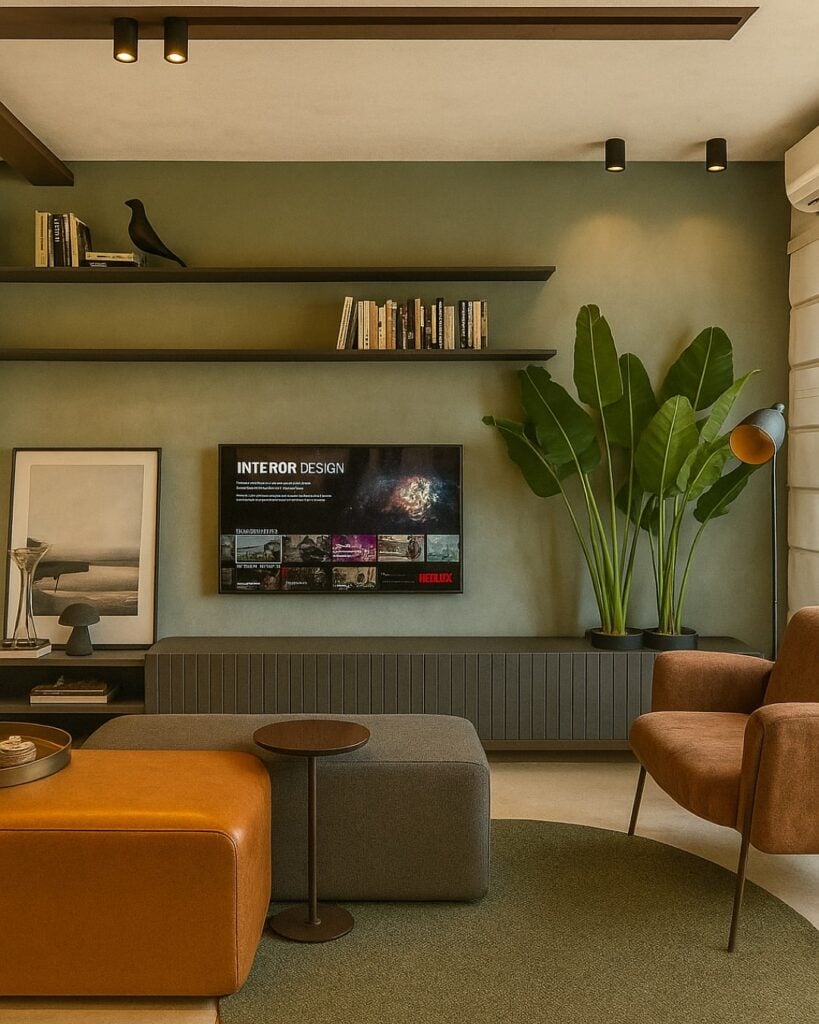 Sala com parede verde-sálvia com prateleiras, rack cinza e plantas