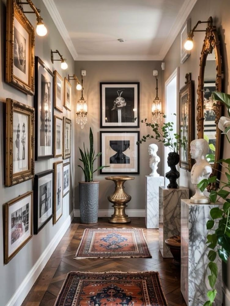 Corredor com galeria de quadros e esculturas