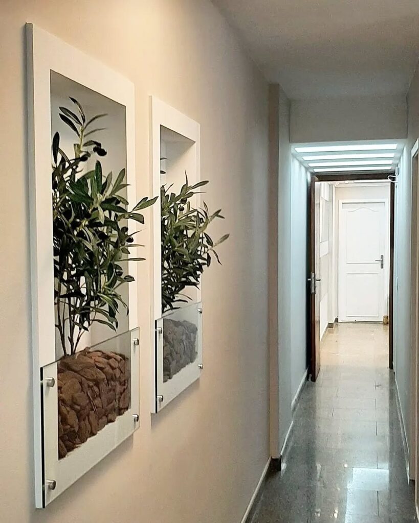 Corredor claro com nichos e plantas