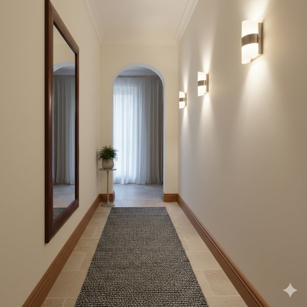 Corredor largo e branco com passadeira, arandelas e espelho vertical com borda marrom
