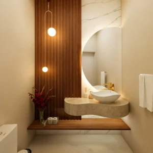 Lavabo com bancada suspensa, cuba esculpida, painel ripado e meio espelho redondo