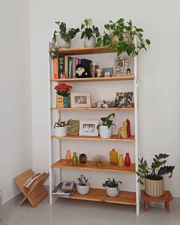 Estante com porta-retratos, livros, vasos de plantas e outros objetos decorativos