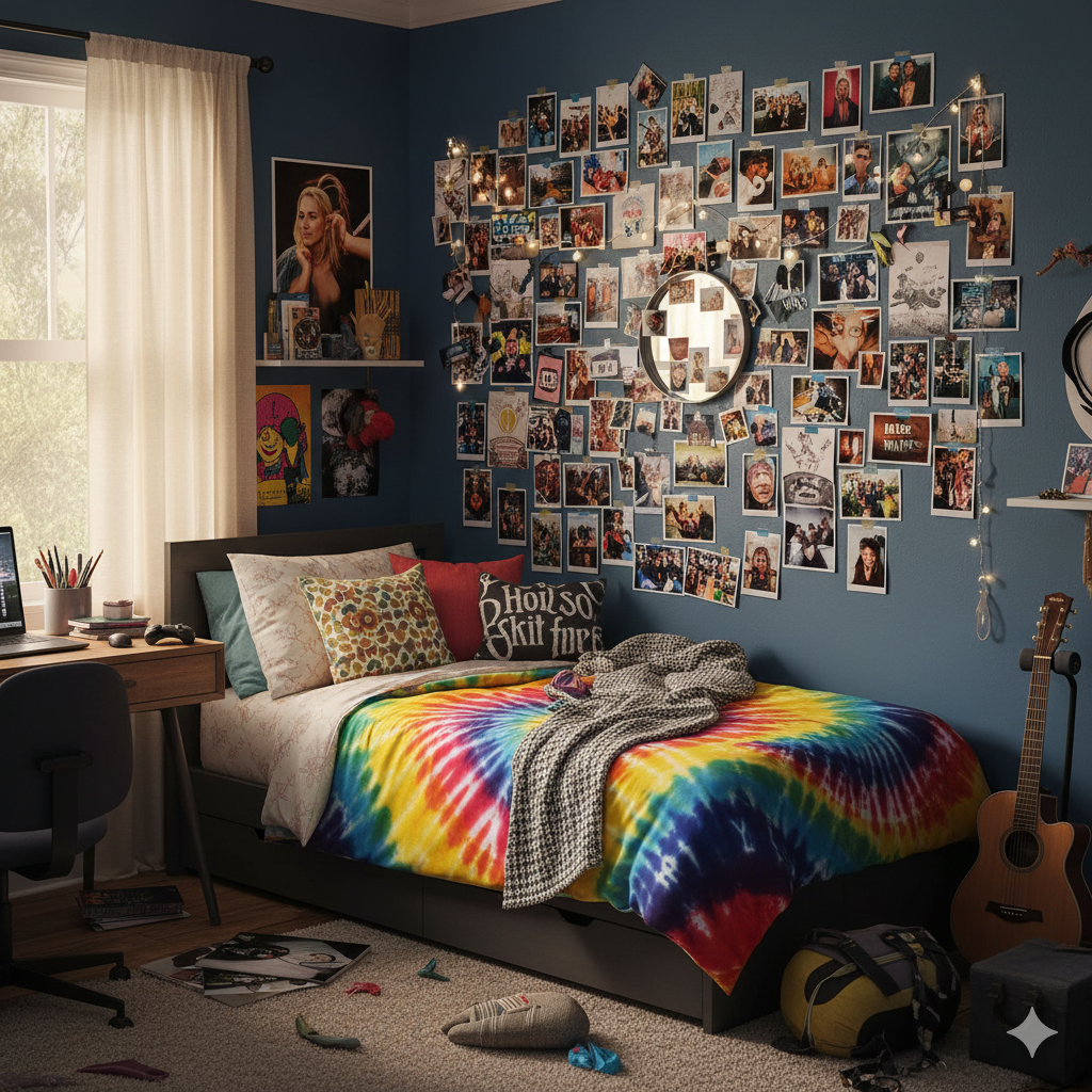 Quarto adolescente com parede azul, muitas fotografias, espelho redondo e almofadas coloridas na cama