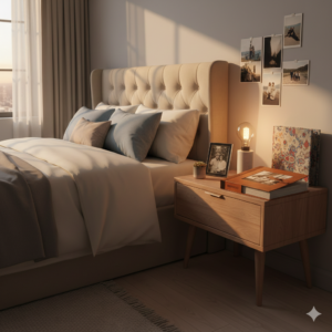 Quarto com cabeceira estofada capitonê, mesa de cabeceira com álbum de fotos, luminária, porta-retratos e fotos penduradas na parede