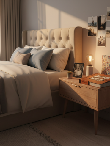 Quarto com cabeceira estofada capitonê, mesa de cabeceira com álbum de fotos, luminária, porta-retratos e fotos penduradas na parede