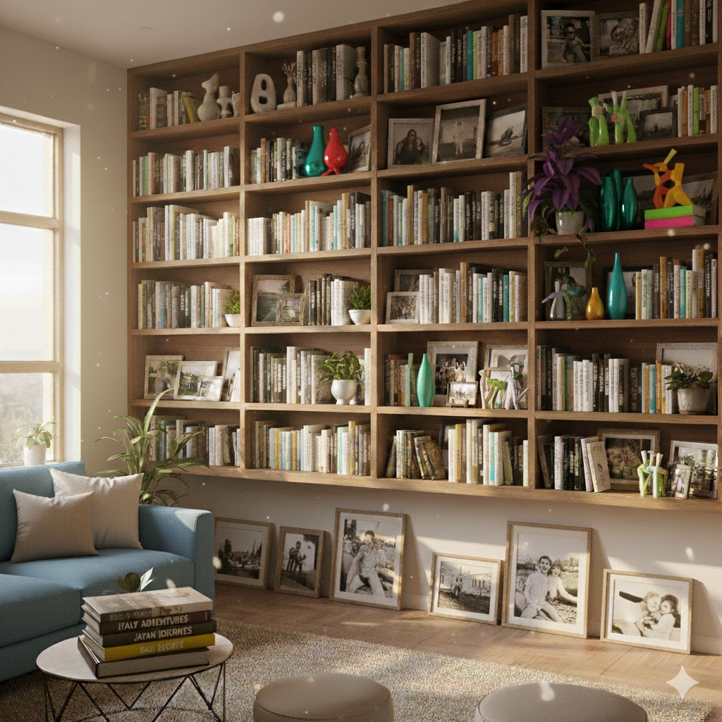 Sala de estar com sofá azul, mesa de centro com álbuns de viagens, estante de madeira com livros, porta-retratos e objetos coloridos