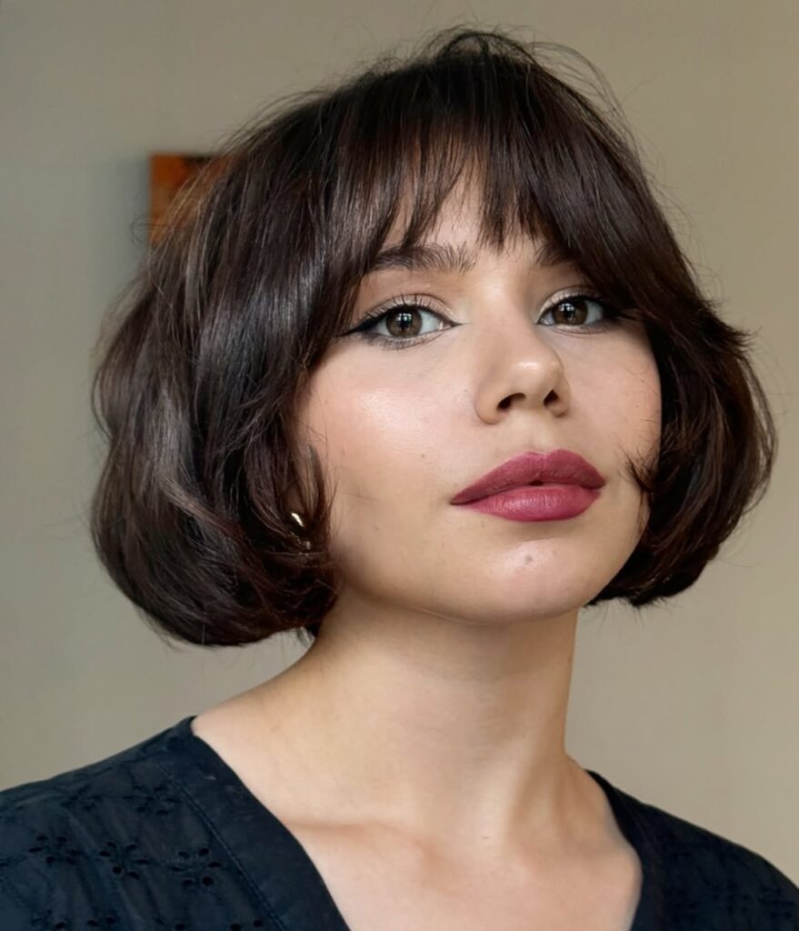 Mulher de pele clara, com cabelo escuro em corte french bob 