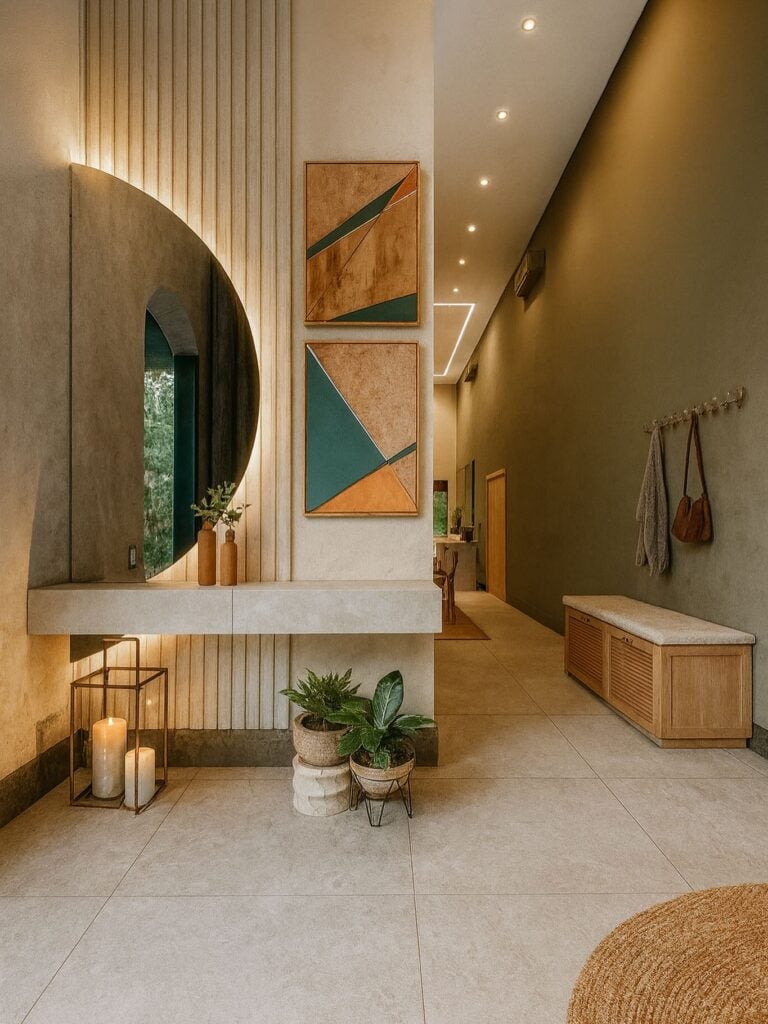 Hall de entrada pequeno e decorado com quadros