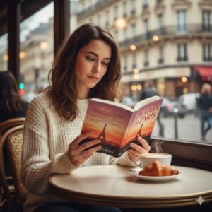 Mulher de cabelos escuros lendo em um café