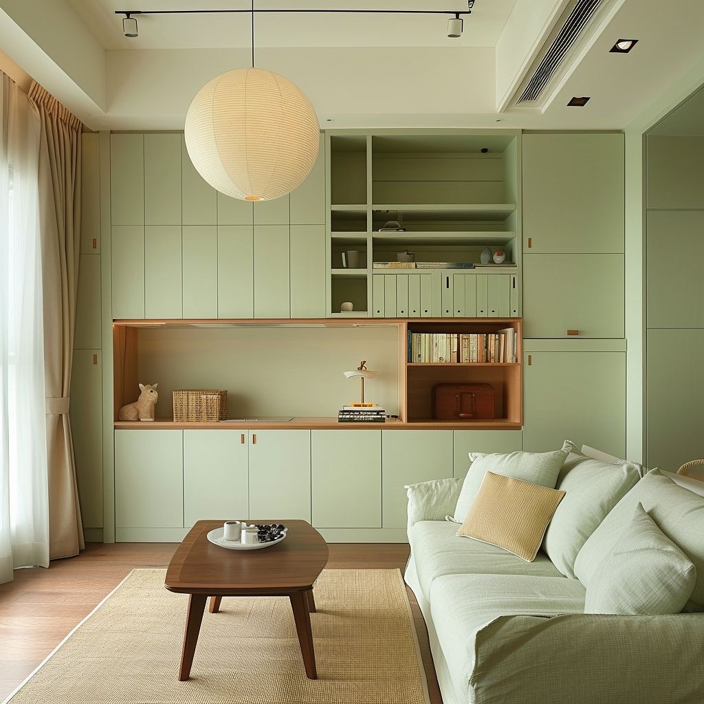 Sala de estar verde-menta com estante que cobre toda a parede, mesa de centro com linhas curvas e sofá verdinho