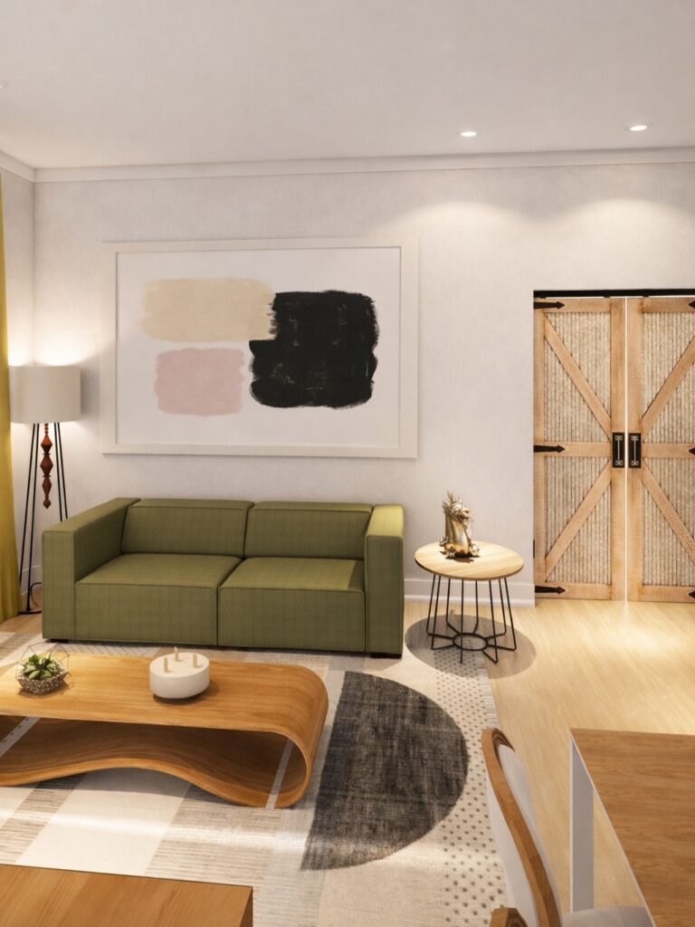 Sala moderno com sofá verde de linhas retas e mesa lateral redonda com pés de metal