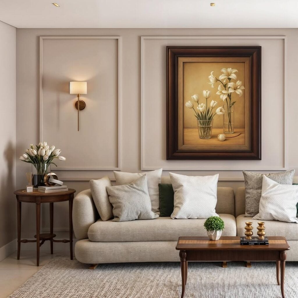 Sala com sofá claro, boiserie na parede e mesa lateral de madeira com vaso de tulipas brancas