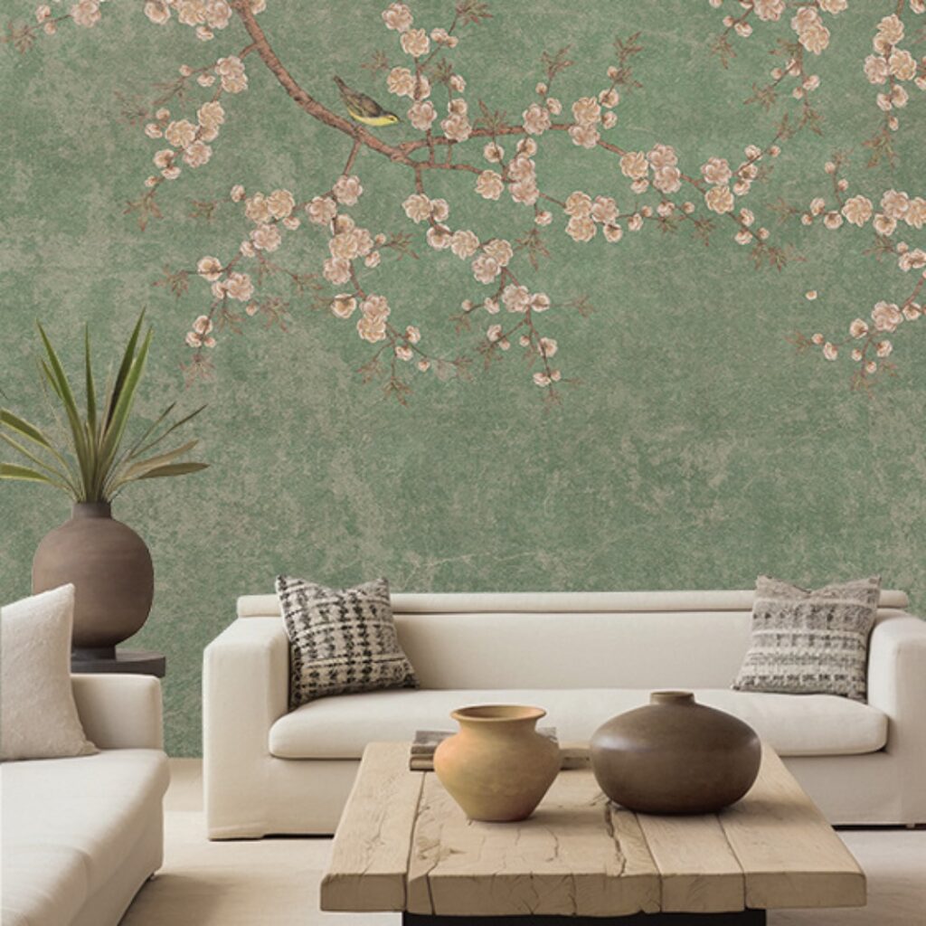 Sala com sofás de linhas retas, mesa de centro de madeira, vasos sem flores e papel de parede verde floral