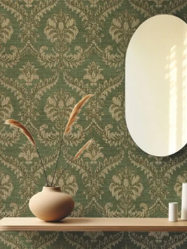 Espelho oval em papel de parede texturizado com prateleira de madeira