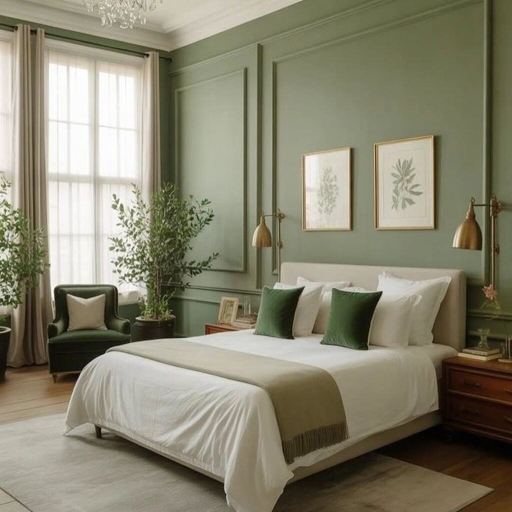 Quarto com parede verde e boiserie atrás da cama, quadros com bordas douradas e arandelas ao lado da cama