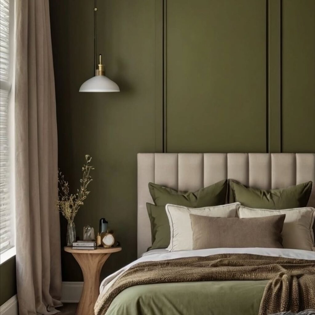 Quarto com cama estofada modular branca, parede e almofadas verde