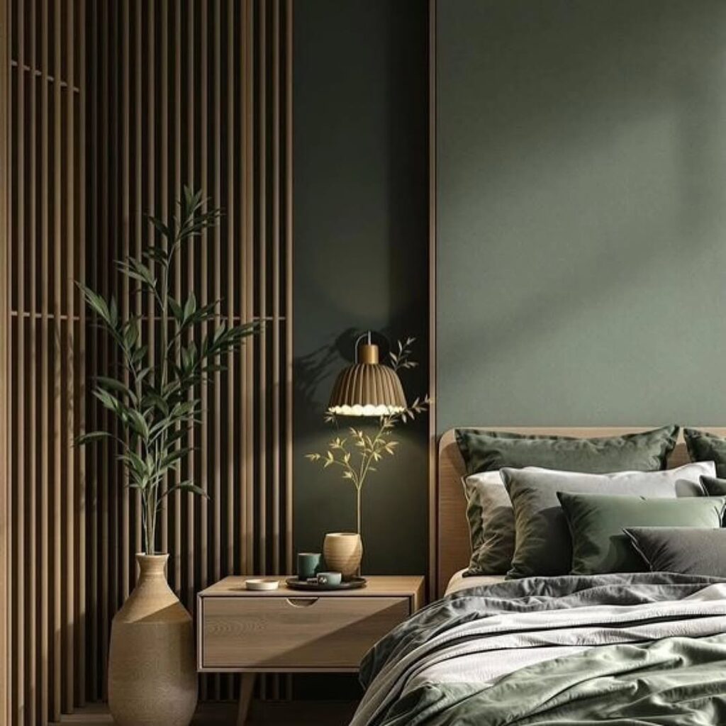 Quarto com parede e roupas de cama em tons diversos de verde, mesa de cabeceira em mdf claro com pés palitos, arandela e vaso com planta