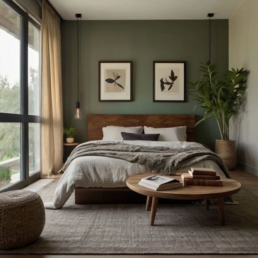 Quarto com ampla janela, cama de madeira e parede atrás verde com quadros de bordas pretas