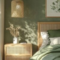Quarto verde com cabeceira e mesa de cabeceira de palhinha, luminária de fibras naturais e vasinho branco com plantas