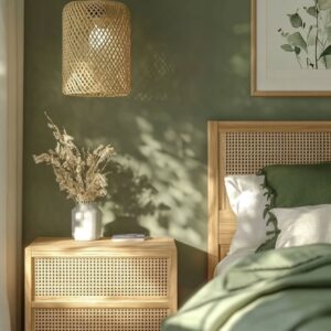 Quarto verde com cabeceira e mesa de cabeceira de palhinha, luminária de fibras naturais e vasinho branco com plantas