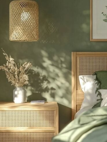 Quarto verde com cabeceira e mesa de cabeceira de palhinha, luminária de fibras naturais e vasinho branco com plantas