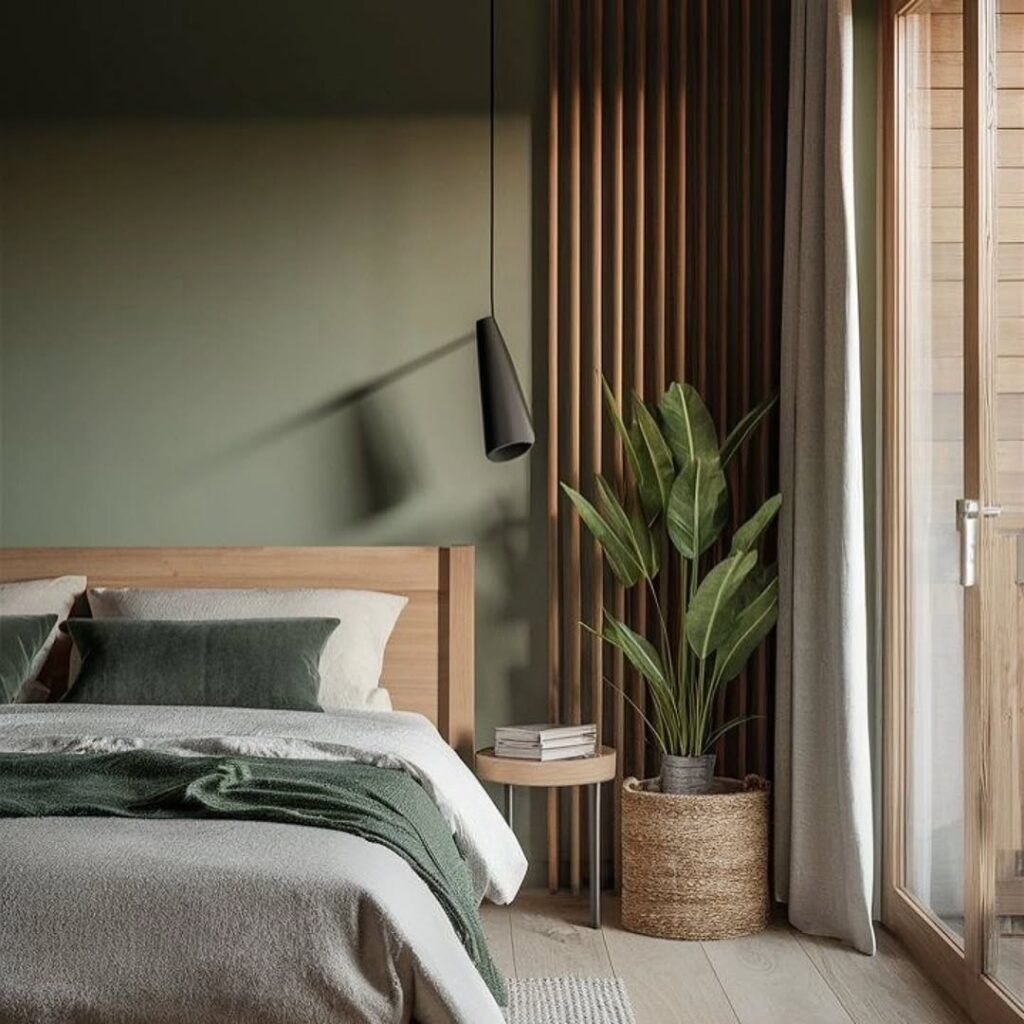 Quarto com parede verde, cabeceira de madeira, arandela preta e cesto de palha com plantas