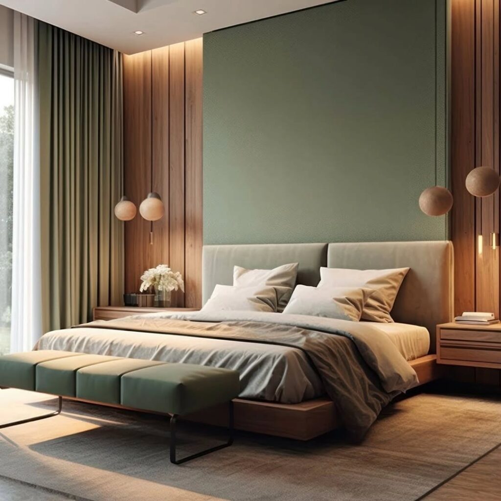 Quarto de casal com parede, cortinas e banco aos pés da cama em verde