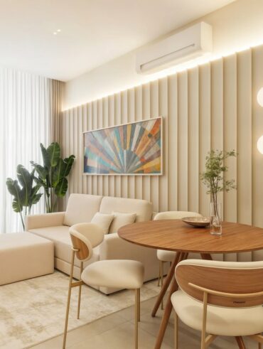 Sala de jantar com mesa redonda de madeira, cadeiras estofadas em bege e sofá claro