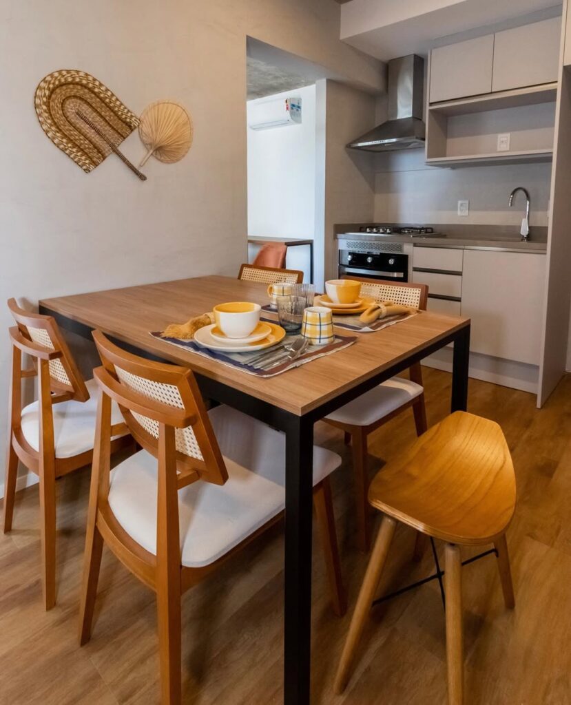 Sala de jantar pequena com mesa retangular encostada à oarede e cadeiras sem braços