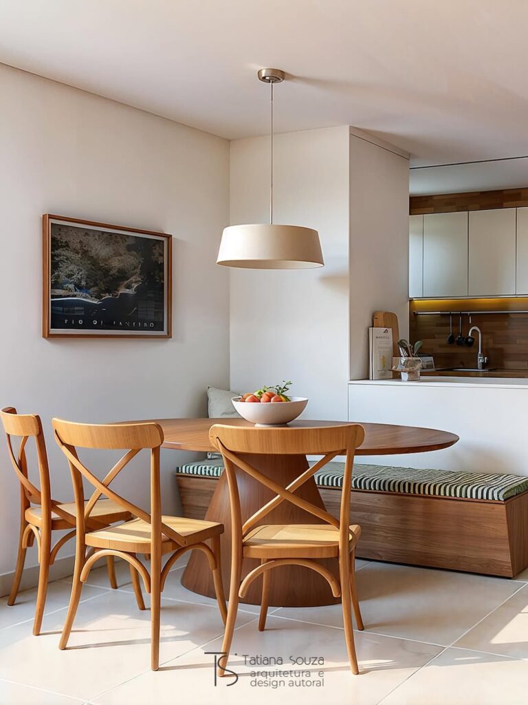 Sala de jantar com mesa, cadeiras e banco de madeira com um pendente centralizado sobre a mesa