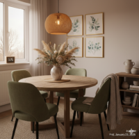 Sala de jantar com mesa redonda de madeira e vaso de flores, cadeiras estofadas verde, pendente de fibras naturais e quadros na parede