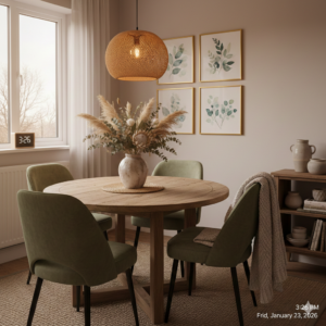 Sala de jantar com mesa redonda de madeira e vaso de flores, cadeiras estofadas verde, pendente de fibras naturais e quadros na parede
