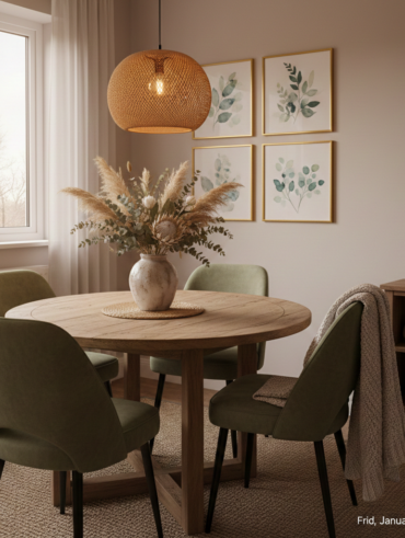 Sala de jantar com mesa redonda de madeira e vaso de flores, cadeiras estofadas verde, pendente de fibras naturais e quadros na parede