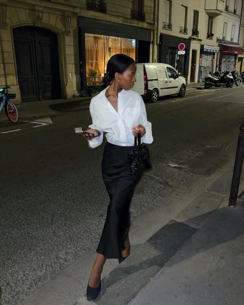 look com camisa social feminina e saia longa de cetim