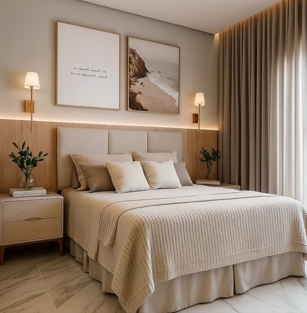 Quarto de casal com cabeceira estofada modular, almofadas na cama, arandelas e quadros na parede