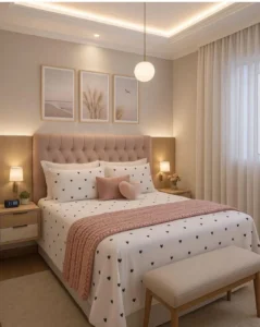 Cama com cabeceira capitonê rosa, lençol branco com corações pretos e quadros na parede