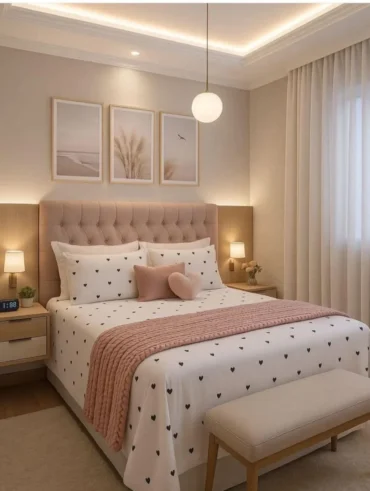 Cama com cabeceira capitonê rosa, lençol branco com corações pretos e quadros na parede