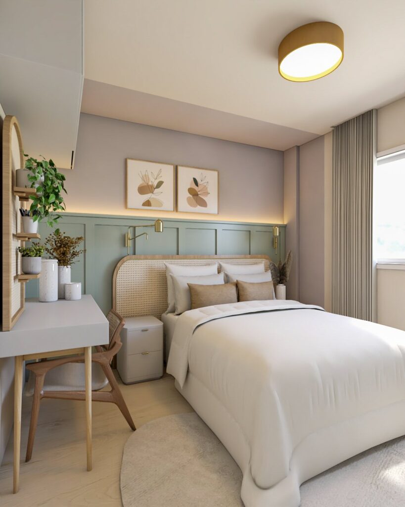 Quarto com meia parede com detalhes e cor diferente atrás da cabeceira, penteadeira branca com cadeira de madeira