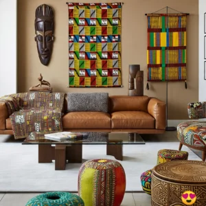 Sala de estar com sofá de couro marrom, tecidos com cores vivas e desenhos da cultura africana