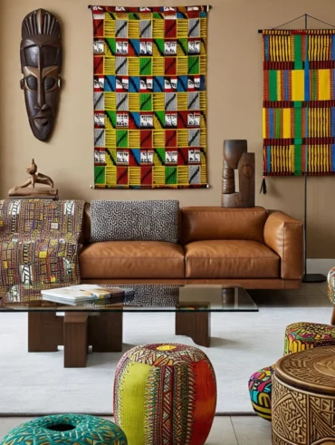 Sala de estar com sofá de couro marrom, tecidos com cores vivas e desenhos da cultura africana