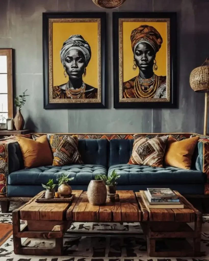 Sala com parede cinza, quadros com mulheres negras, e sofá azul de veludo e capitonê