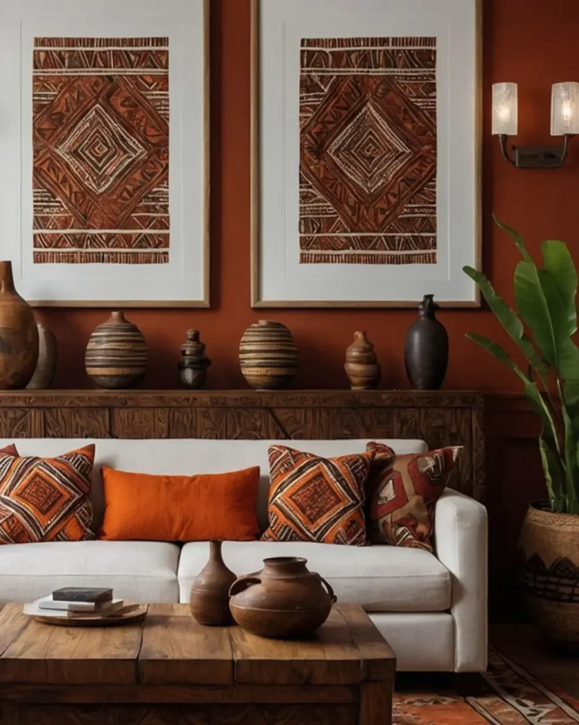 Sala com sofá claro, almofadas e paredes em tons terrosos, mesa de centro de madeira e vasos decorativos