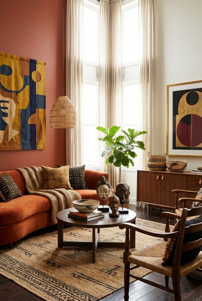 Inspiração de Afrodecor, com tapete, tecidos e esculturas da cultura africana