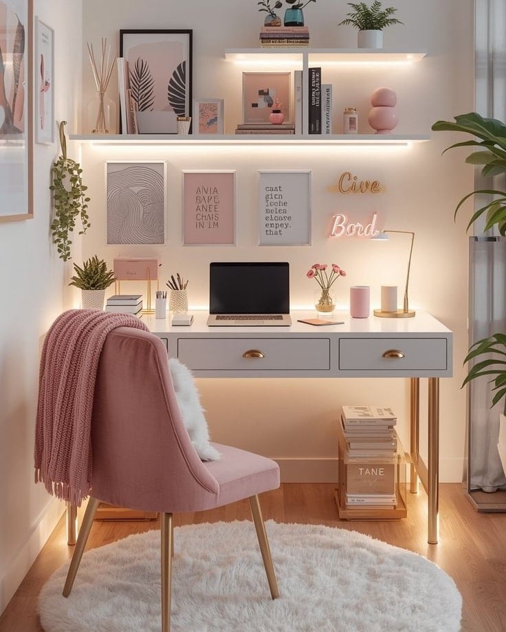 Espaço de estudo com escrivaninha, prateleiras com iluminação de led, quadros e poltrona rosa
