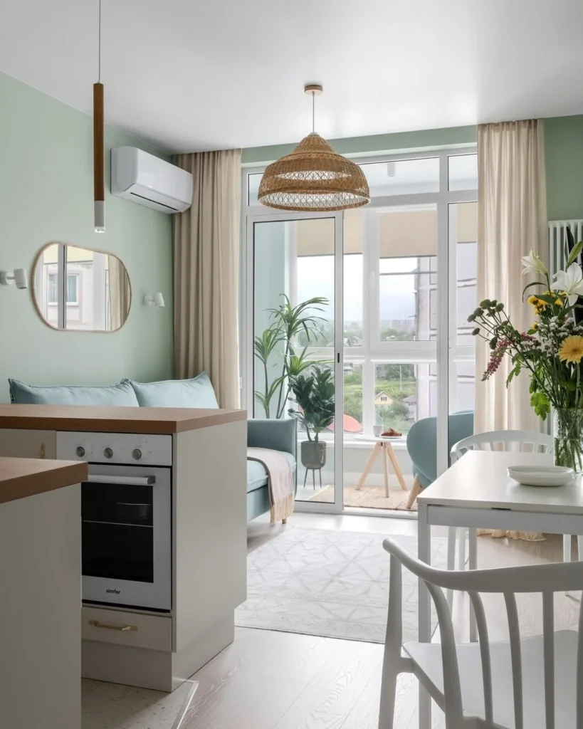 Cozinha e sala de estar integradas com mesa e cadeiras brancas, sofá azul e luminária de fibras naturais
