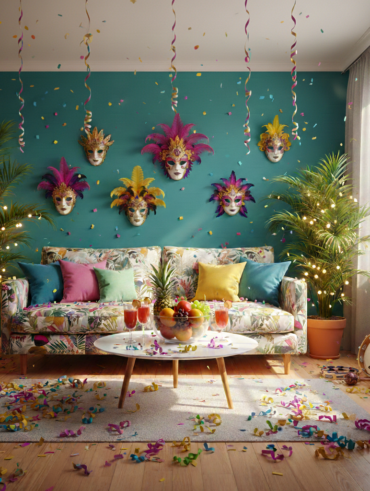 Sala de estar com sofá de estampa tropical, almofadas coloridas, parede em tom de verde com máscaras carnavalescas, serpentinas penduradas no teto