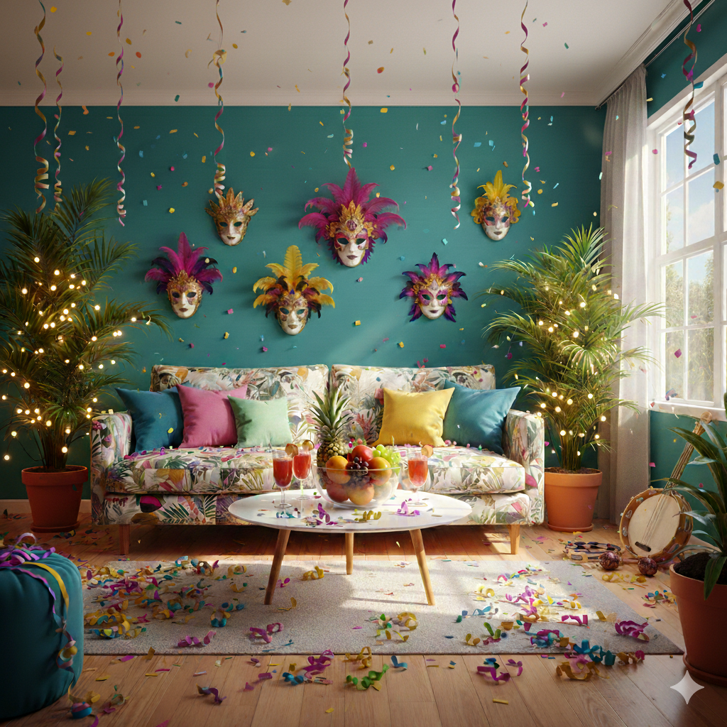 Sala de estar com sofá de estampa tropical, almofadas coloridas, parede em tom de verde com máscaras carnavalescas, serpentinas penduradas no teto