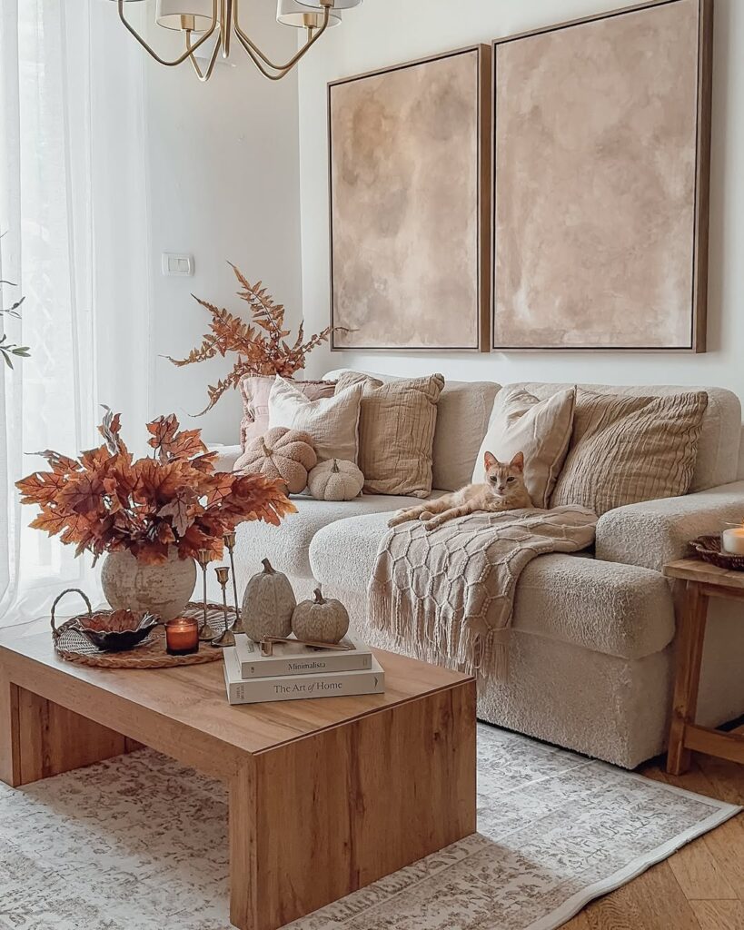 Sala de estar em tons neutros com mesa de madeira com bandeja e vaso com folhas alaranjadas, sofá com almofadas e gato