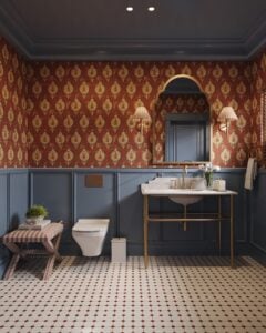 Lavabo com papel de parede em meia-parede